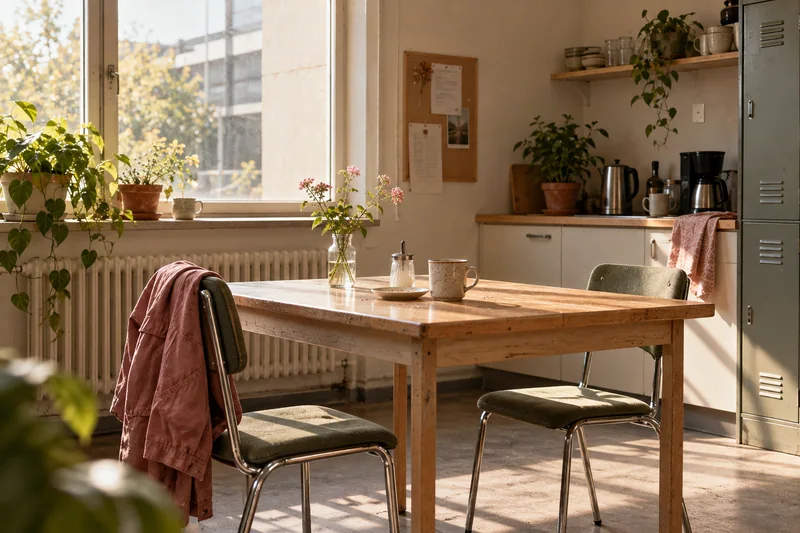Zwei Stühle und eine Tasse an einem kleinen Tisch in einem ruhigen Pausenraum.
