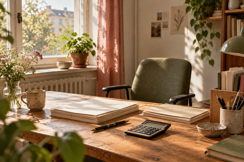 Papierstapel, Stift und Taschenrechner auf einem schlichten Holztisch am Fenster.
