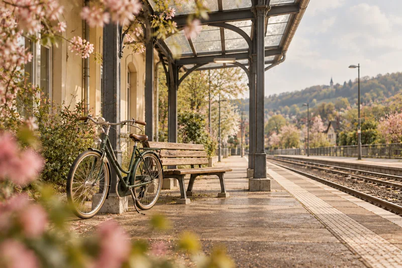 Ein Fahrrad steht neben einer Bank unter dem Glasdach eines kleinen Bahnhofs.